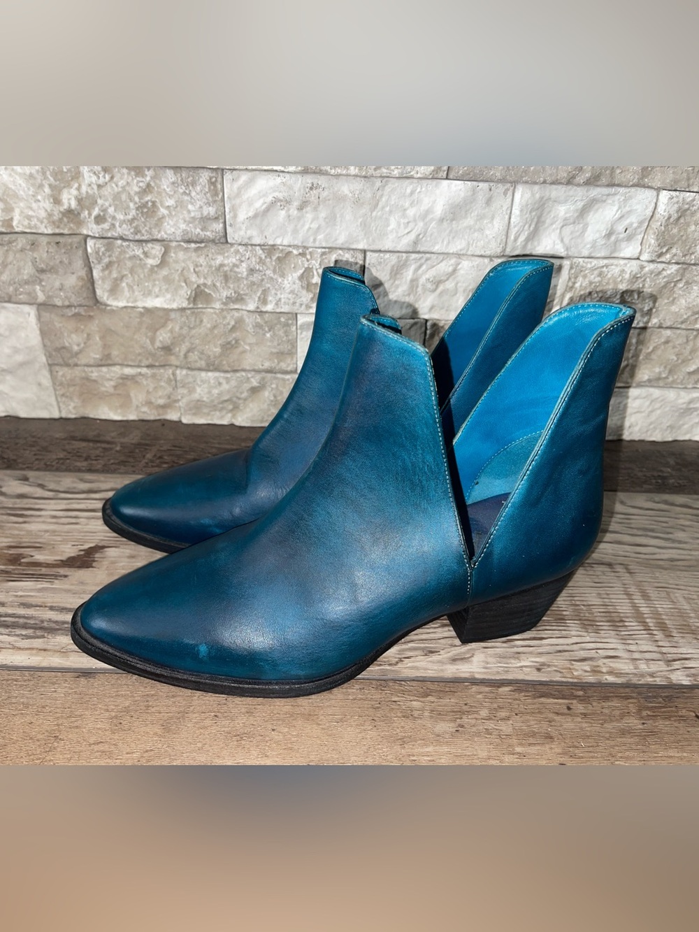 Free People Charm Double V Ankle Boots Ink Blue Leather Womens Shoes Sz 38.5